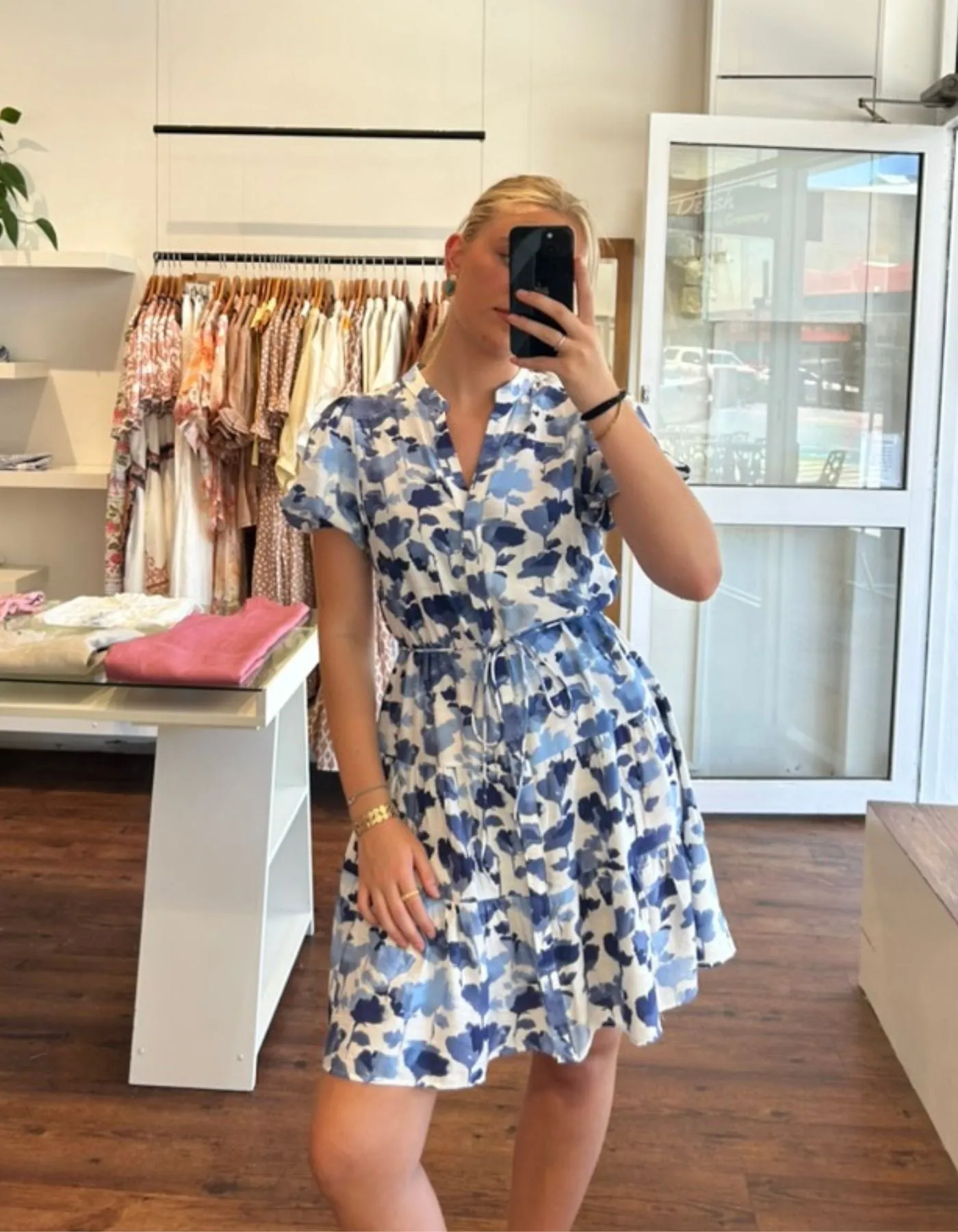 Ada Button Down Short Dress in Blue Print