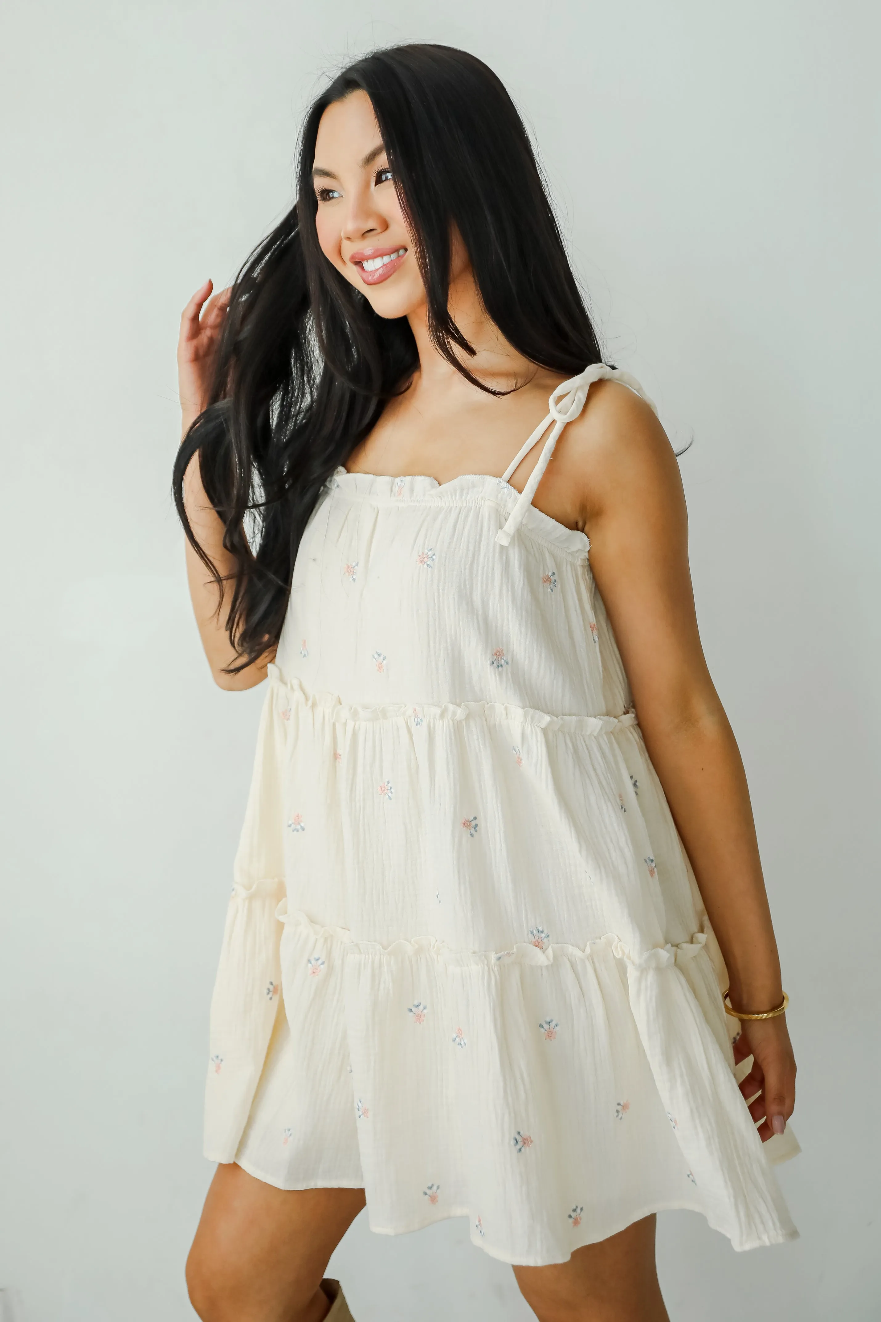 Adored Outing Cream Floral Linen Tiered Mini Dress