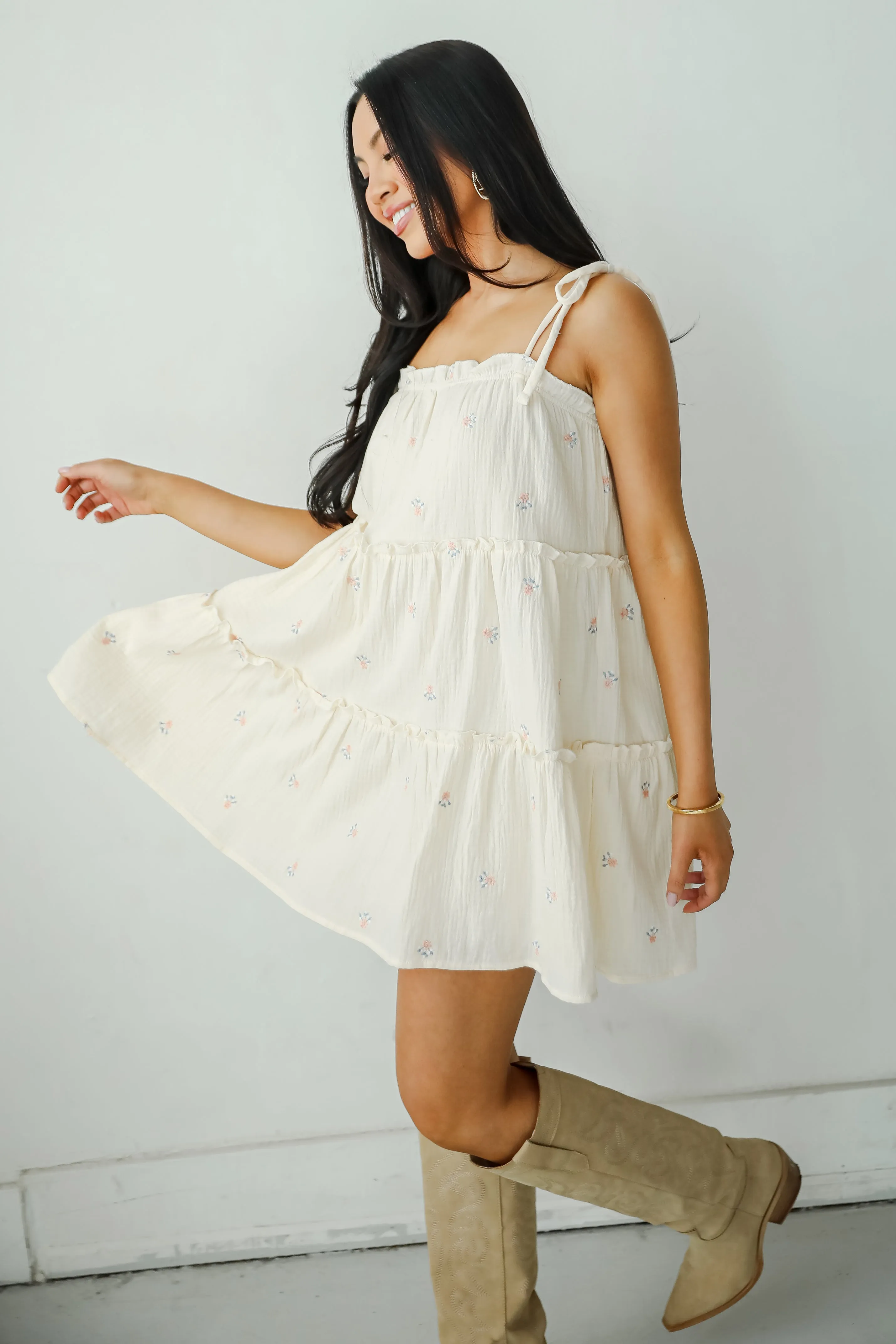 Adored Outing Cream Floral Linen Tiered Mini Dress