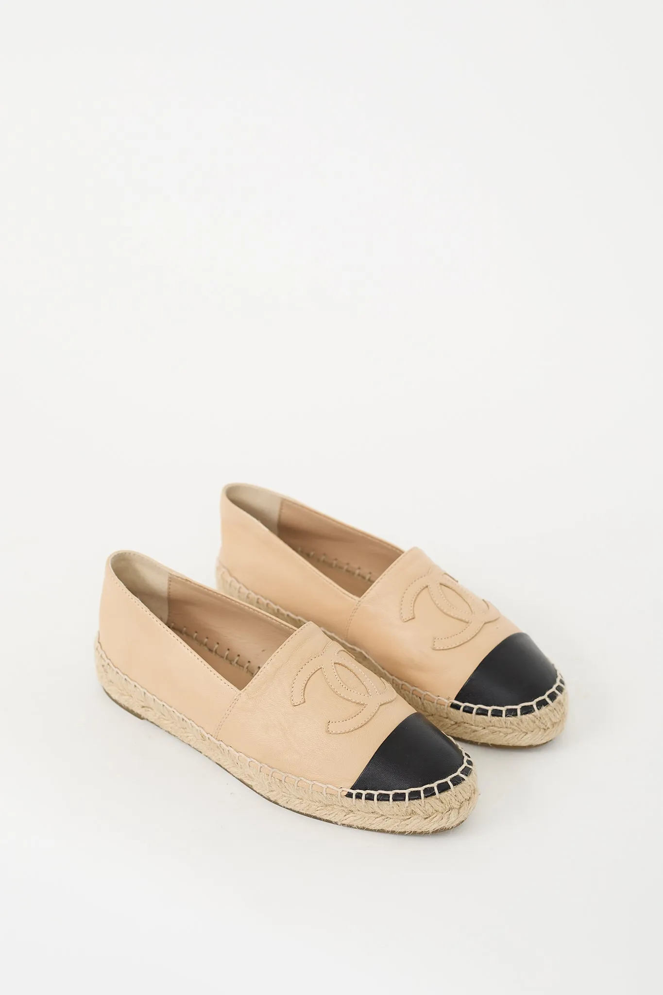 Beige & Black Leather CC Logo Espadrille Flat