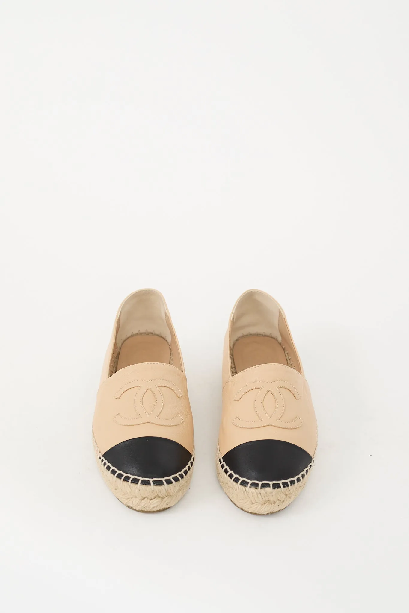 Beige & Black Leather CC Logo Espadrille Flat