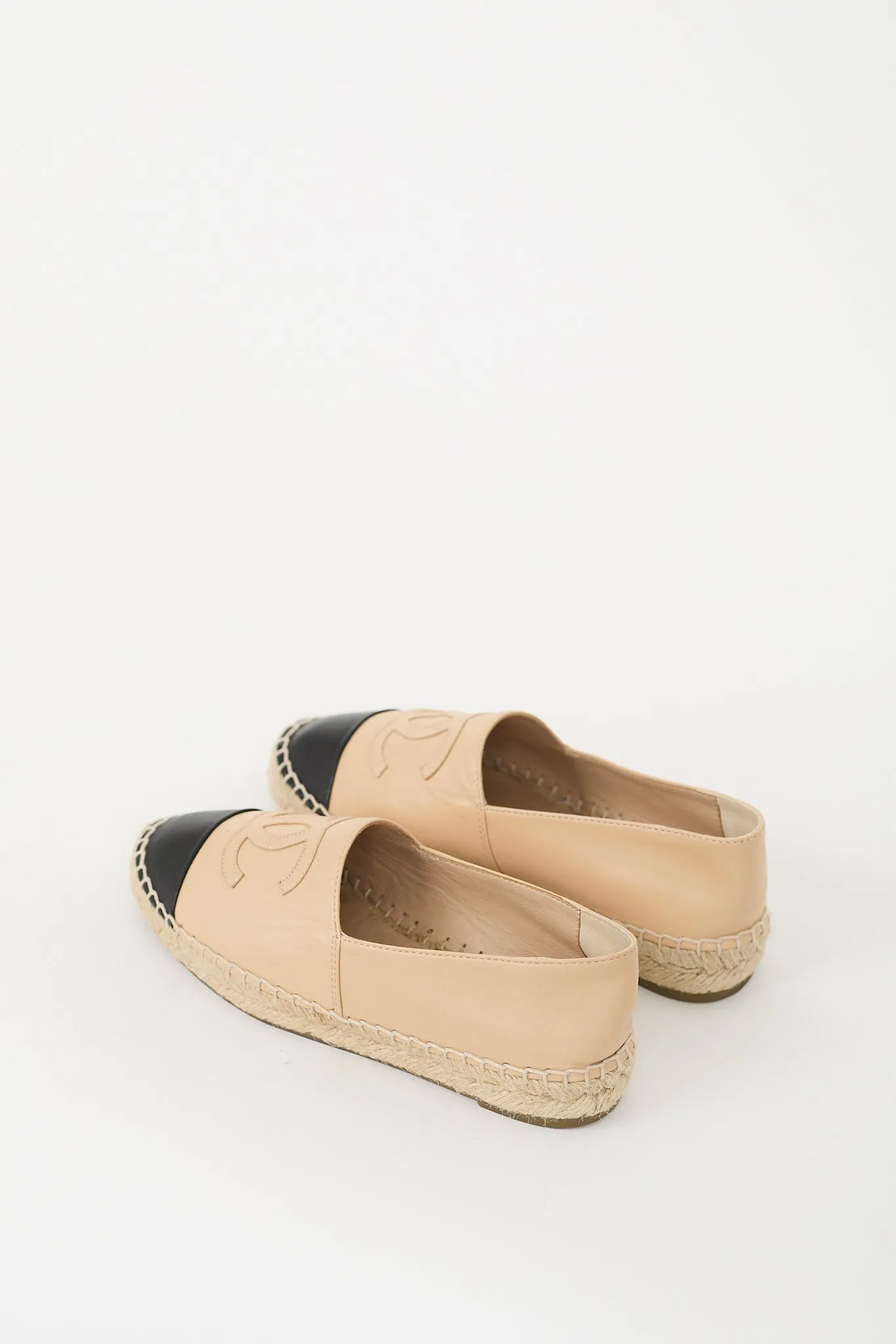 Beige & Black Leather CC Logo Espadrille Flat