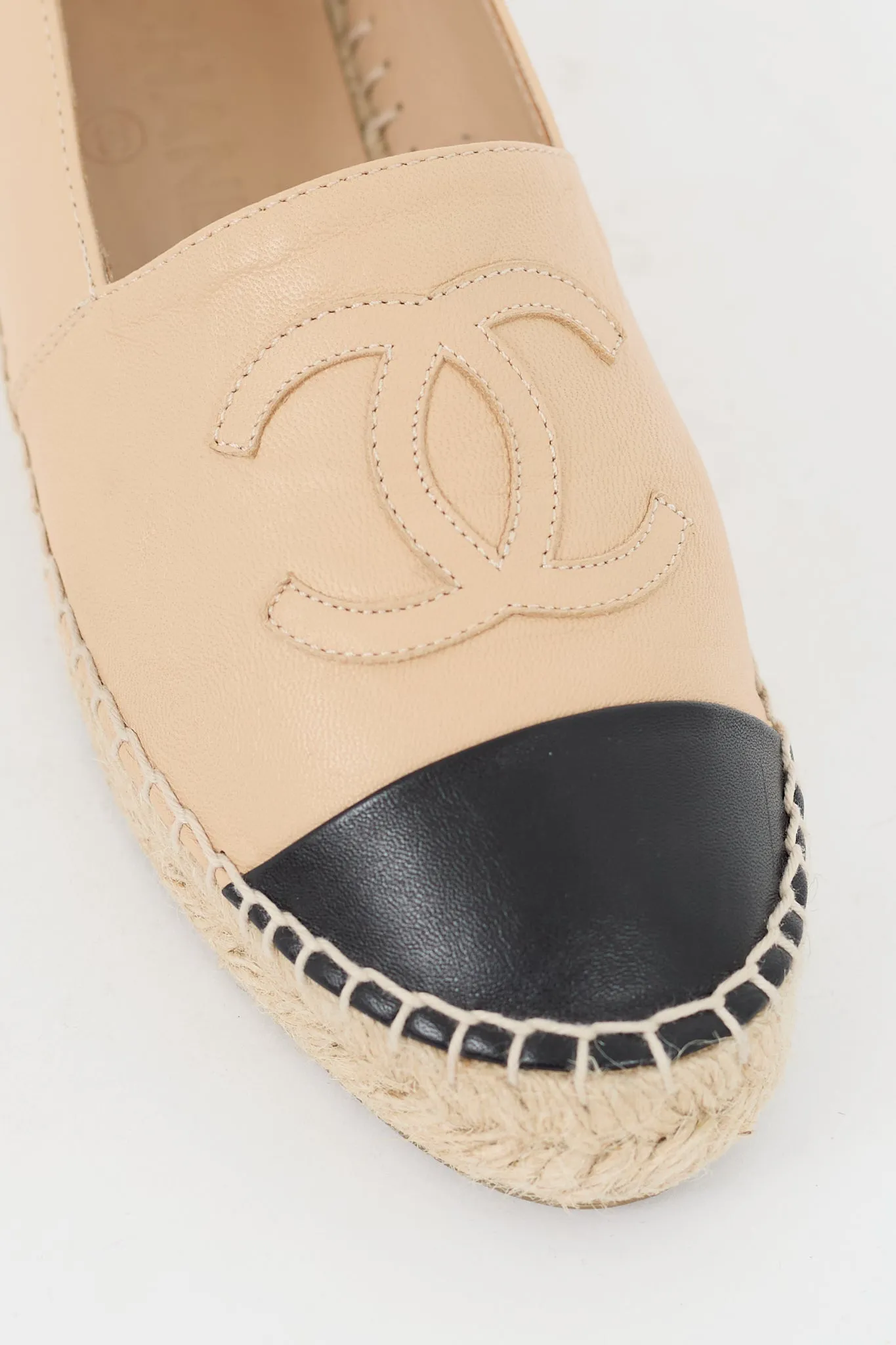 Beige & Black Leather CC Logo Espadrille Flat