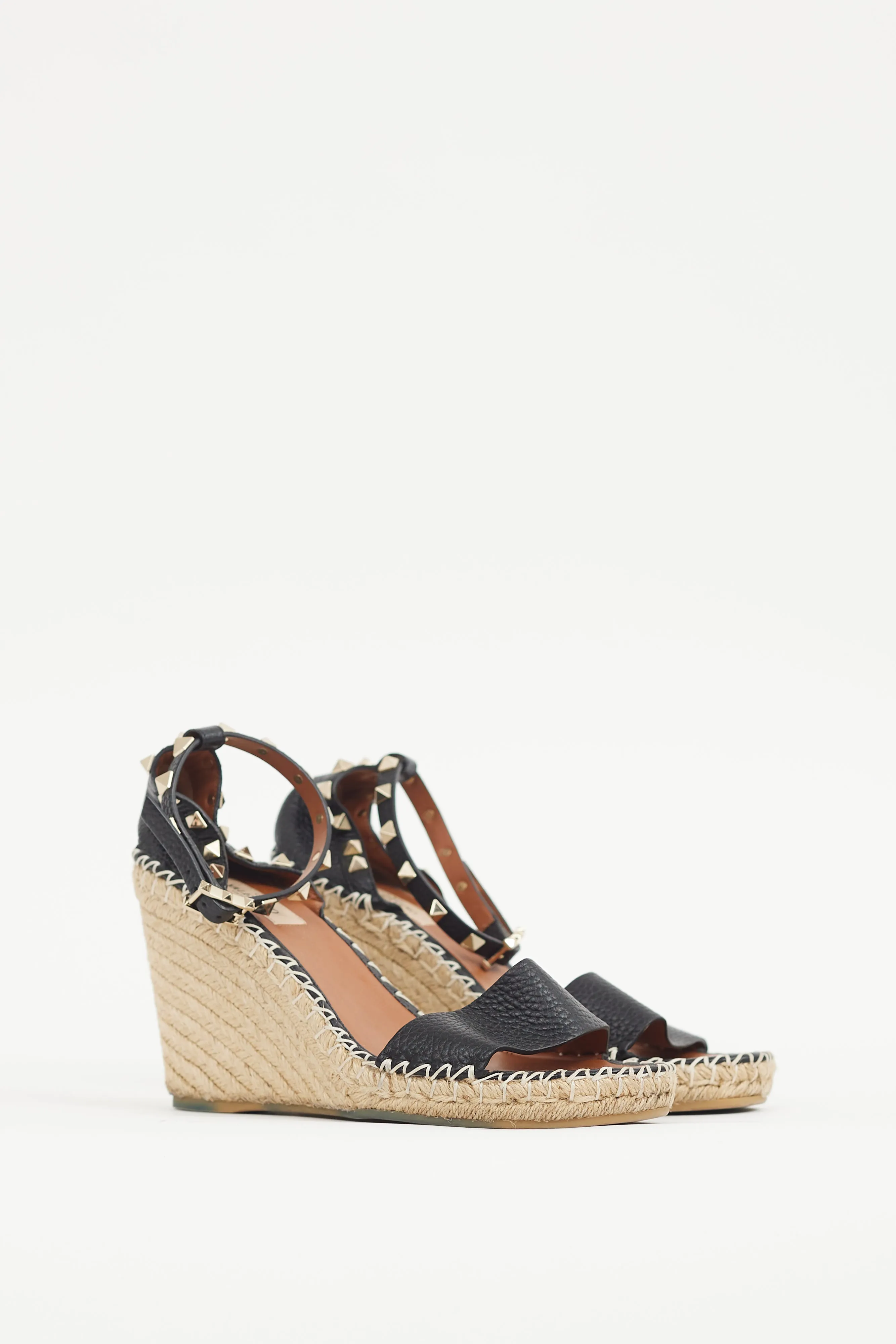 Black & Gold Leather Rockstud Espadrille Sandal