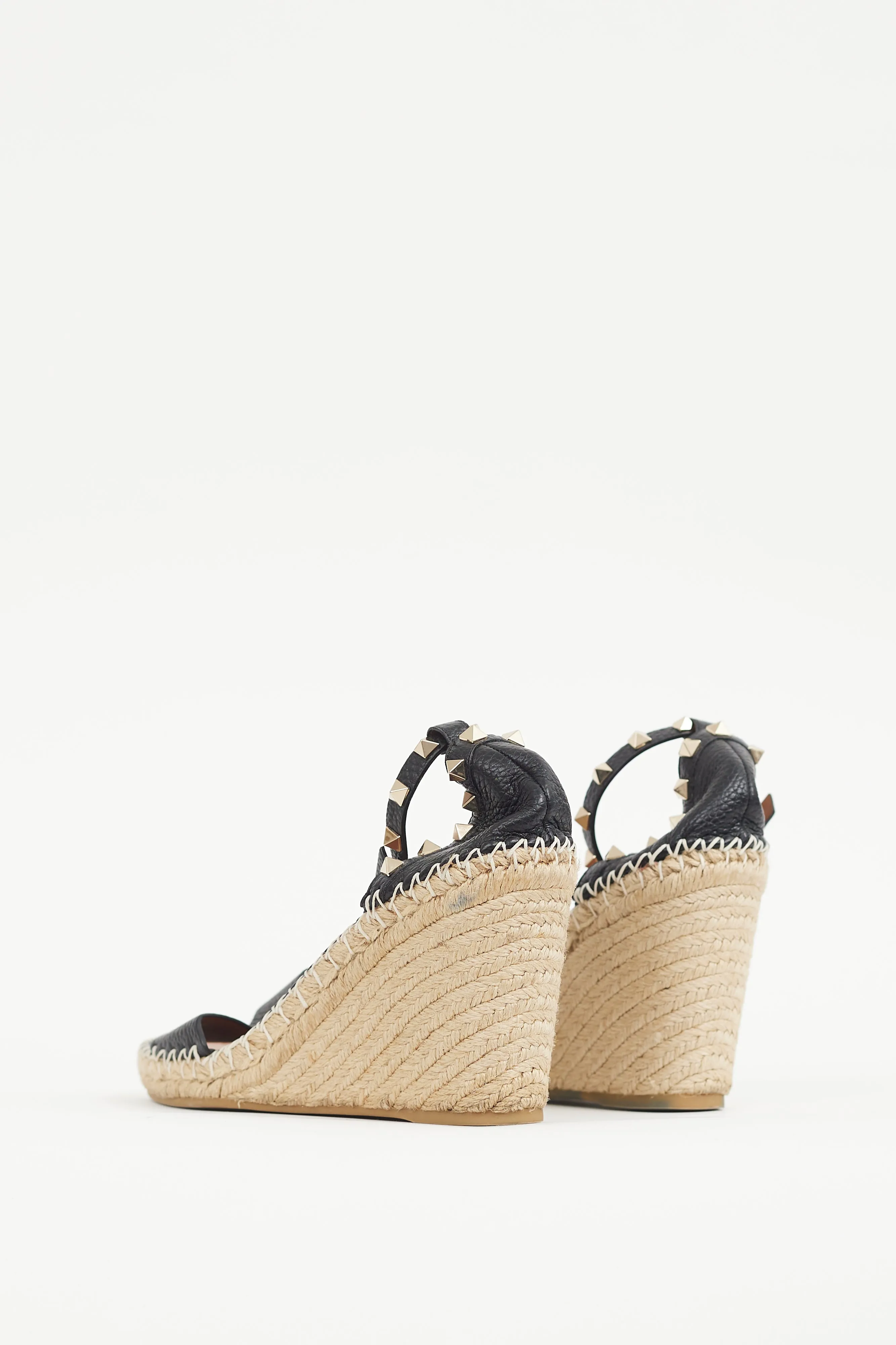 Black & Gold Leather Rockstud Espadrille Sandal