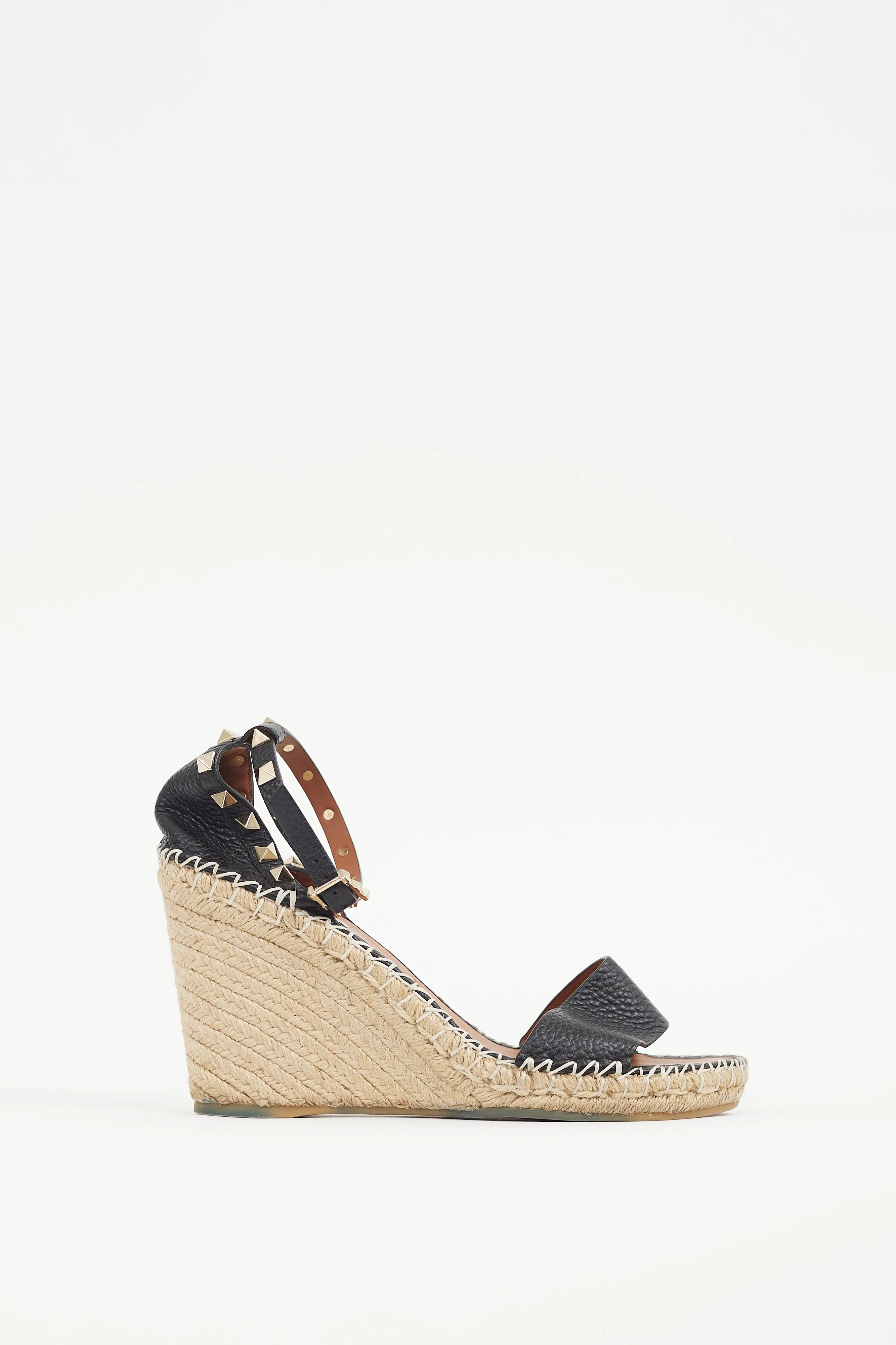 Black & Gold Leather Rockstud Espadrille Sandal