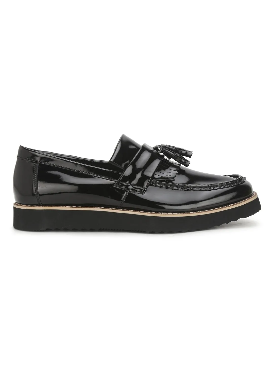 Black Patent Cleated Bottom Tassel Men Loafers