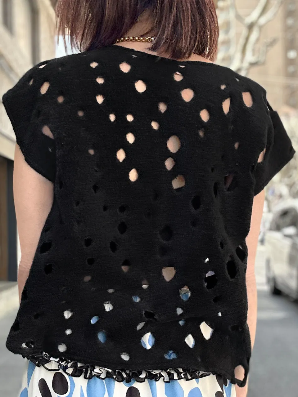 Black Polka-Dot Felted Relax Fit Woollen Sleeveless Top