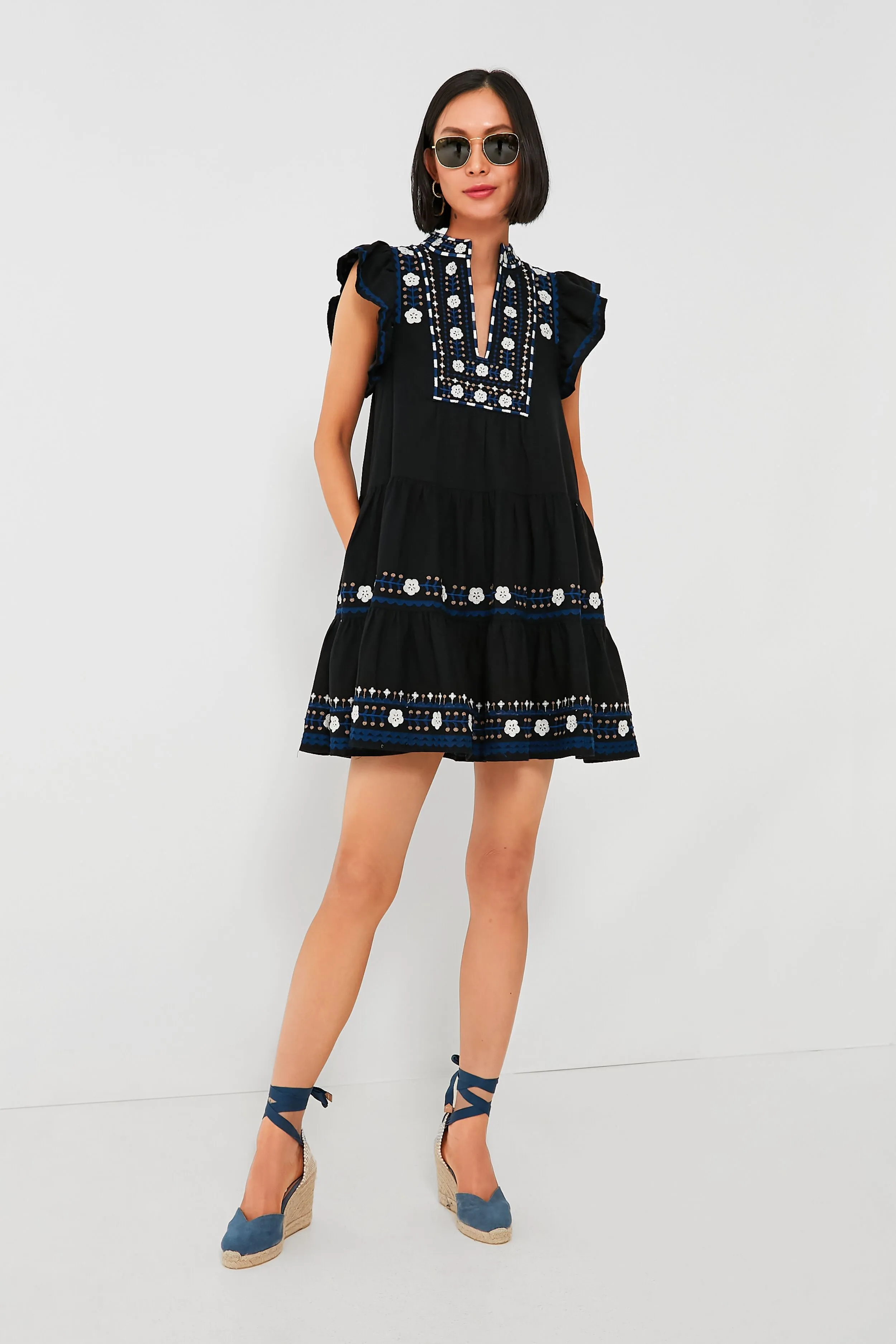 Black Shaina Embroidery Flutter Sleeve Dress