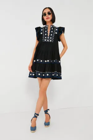 Black Shaina Embroidery Flutter Sleeve Dress