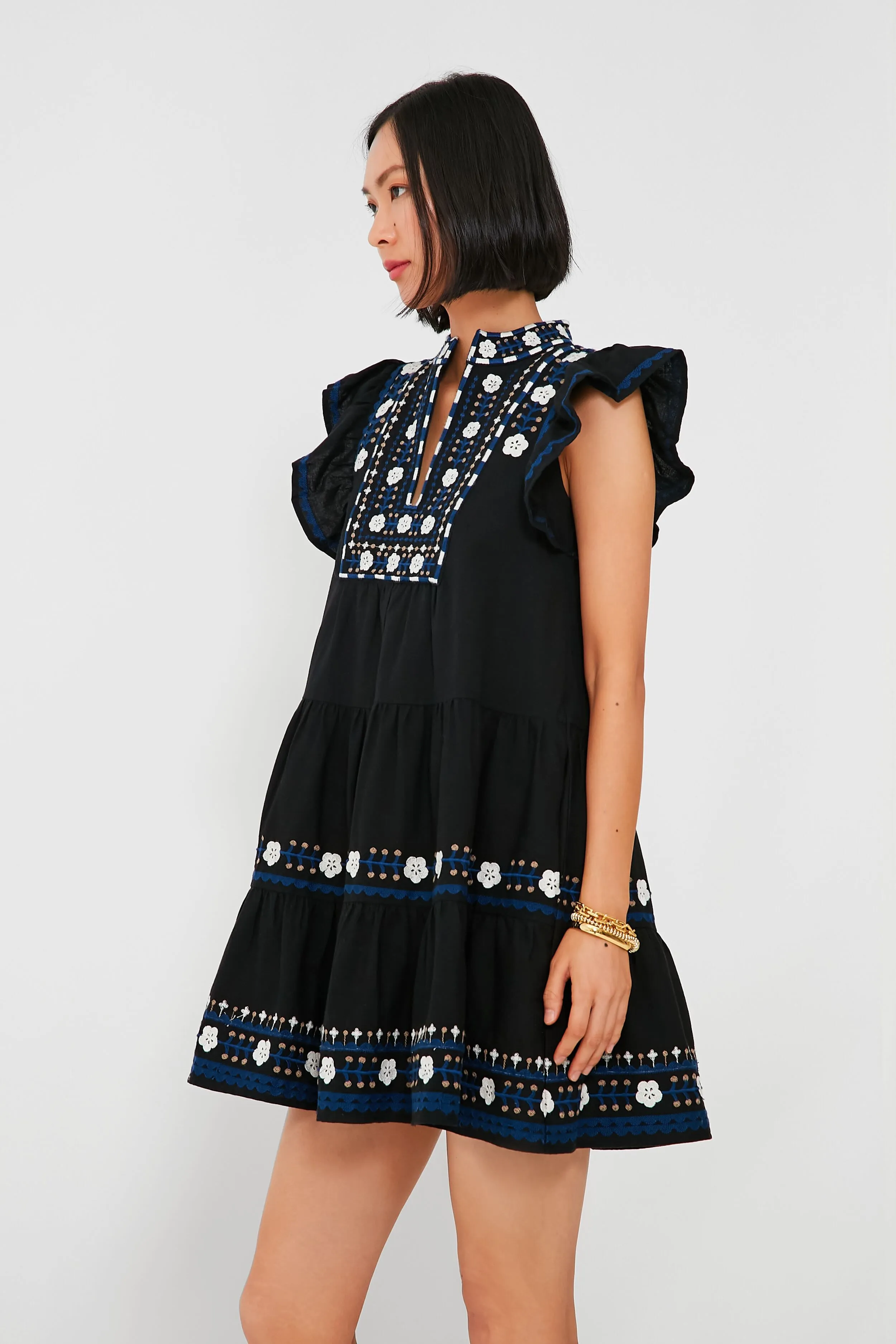 Black Shaina Embroidery Flutter Sleeve Dress