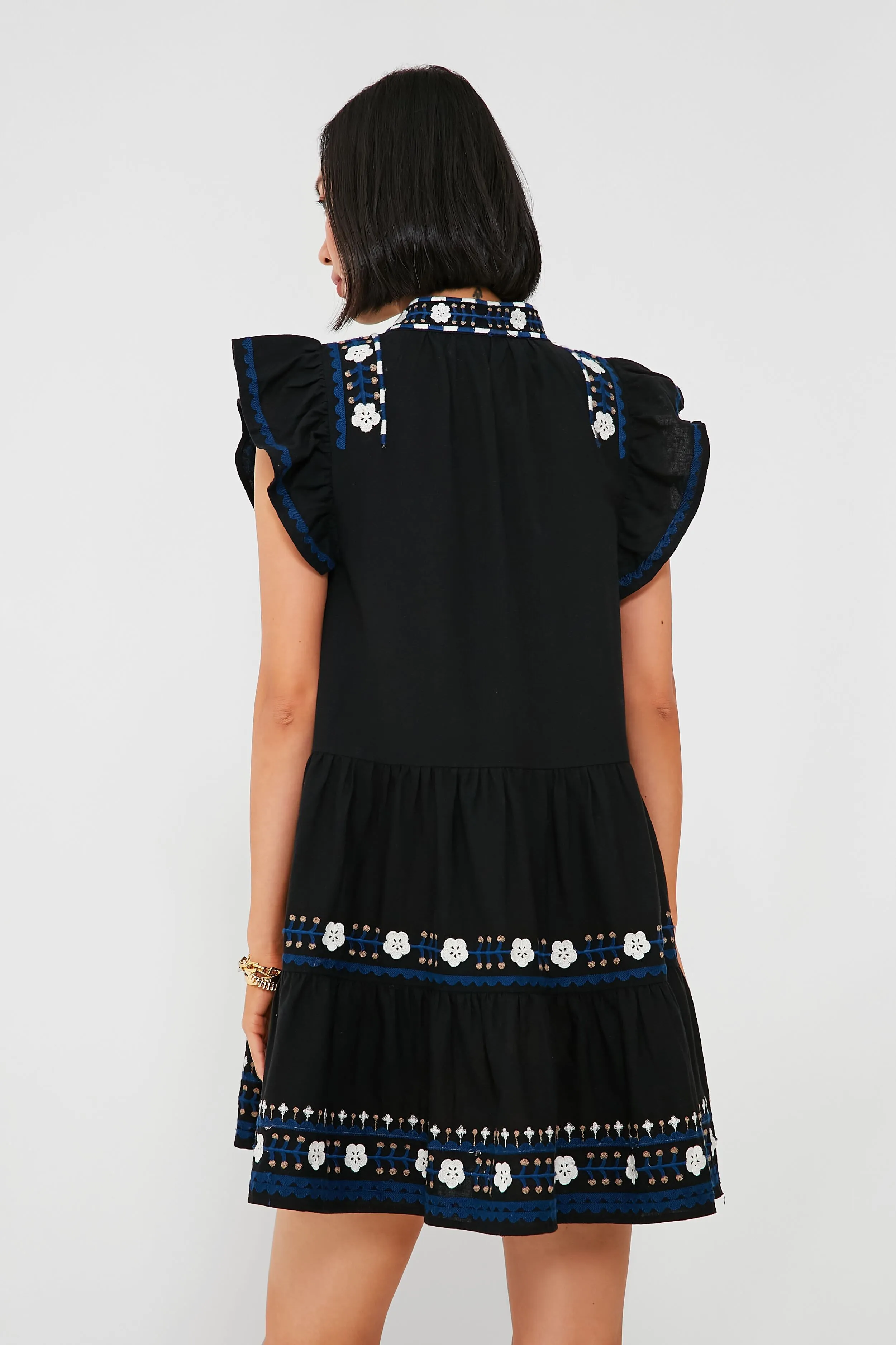 Black Shaina Embroidery Flutter Sleeve Dress