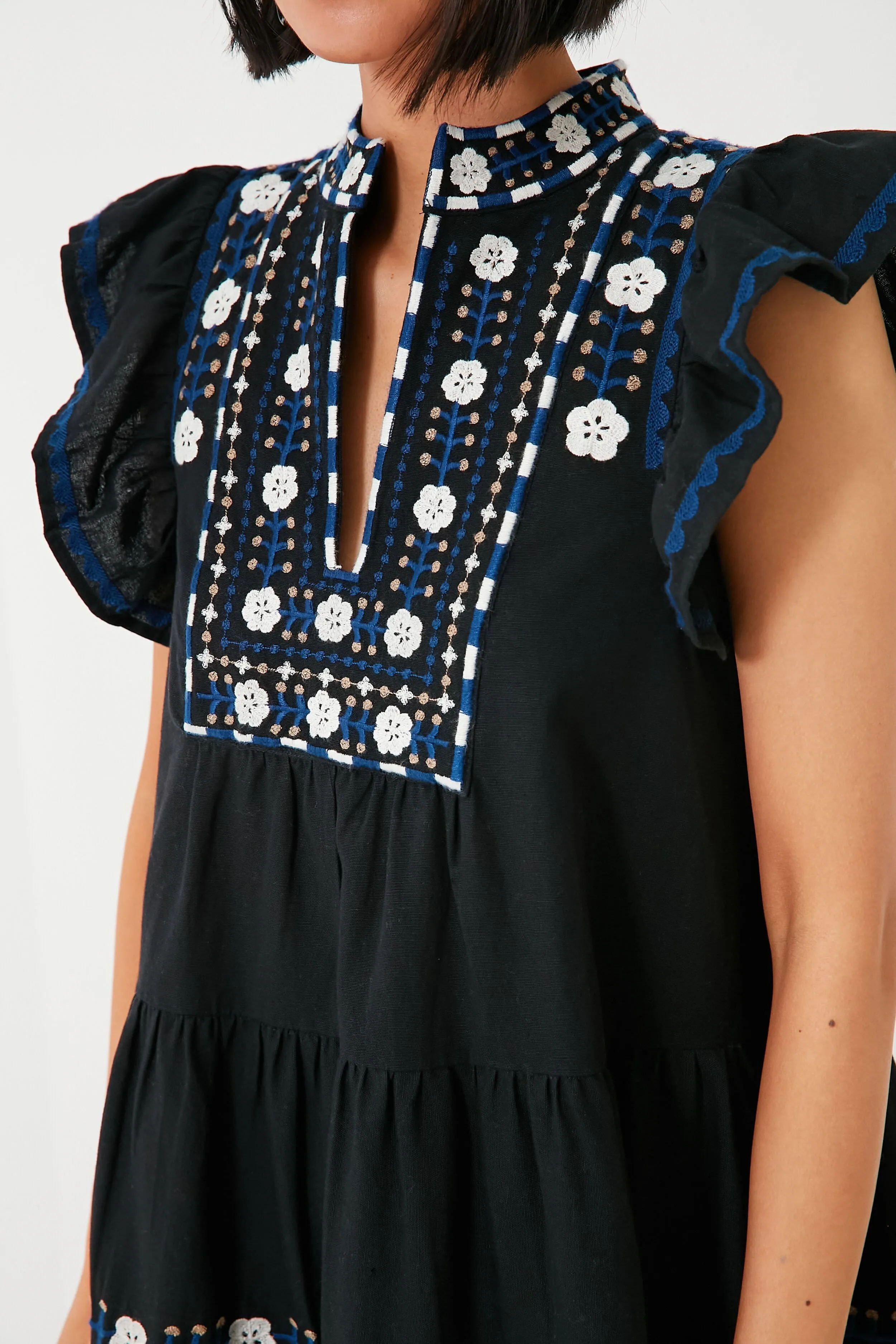 Black Shaina Embroidery Flutter Sleeve Dress