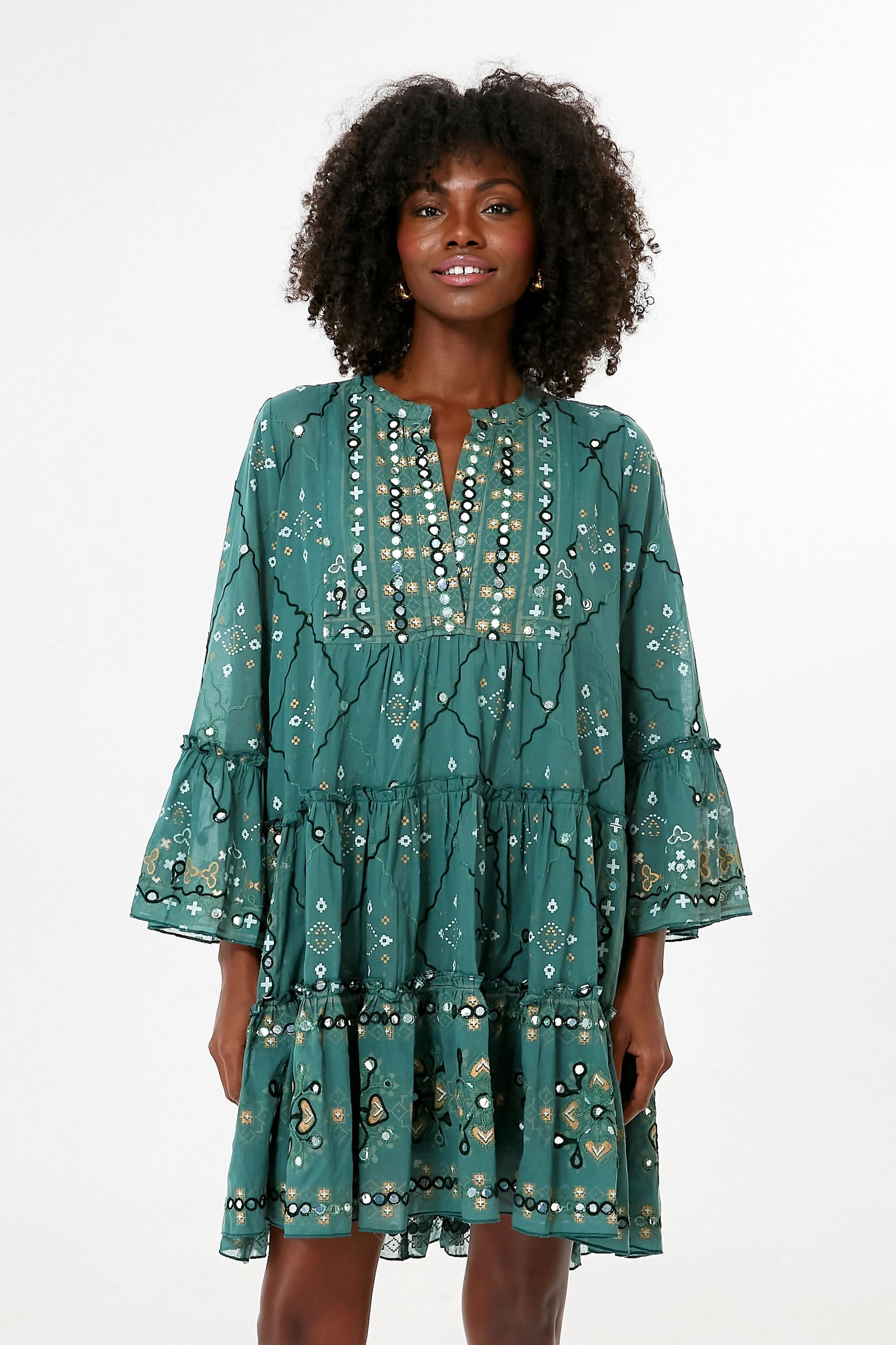 Bottle Green Mosaic Print Flared Sleeve Dress