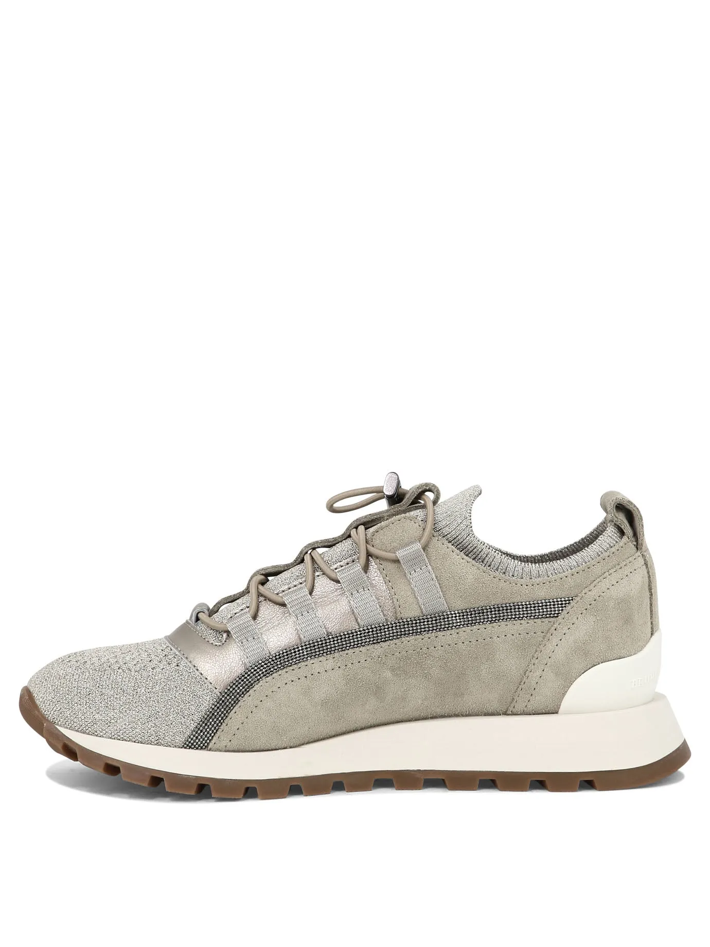 BRUNELLO CUCINELLI Beige Leather Sneakers with glitter and Monili chain detailing