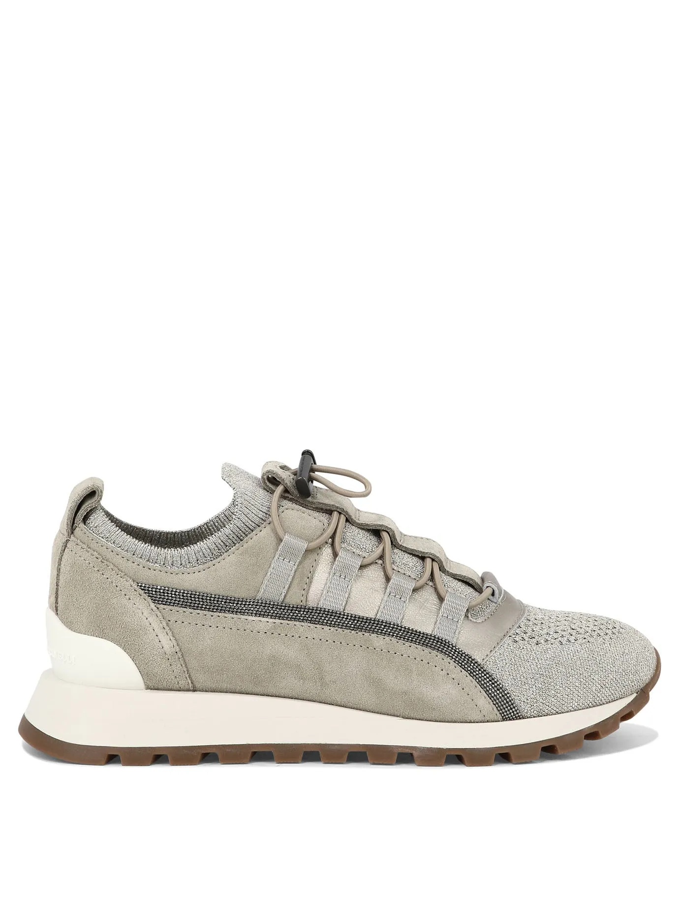 BRUNELLO CUCINELLI Beige Leather Sneakers with glitter and Monili chain detailing