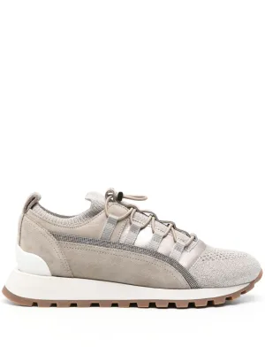 BRUNELLO CUCINELLI Beige Leather Sneakers with glitter and Monili chain detailing