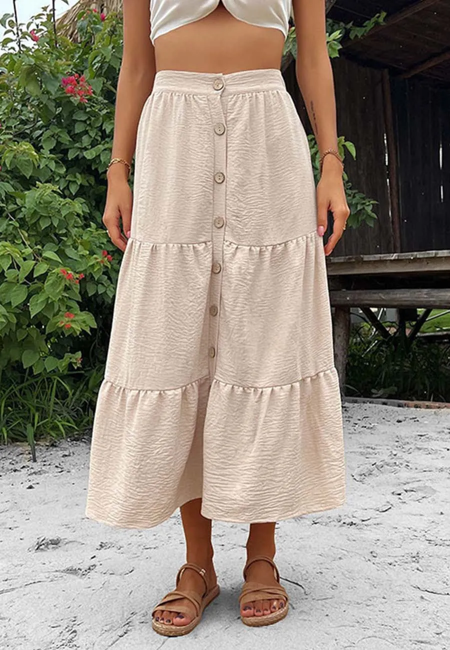 Button Down Tiered Midi Skirt