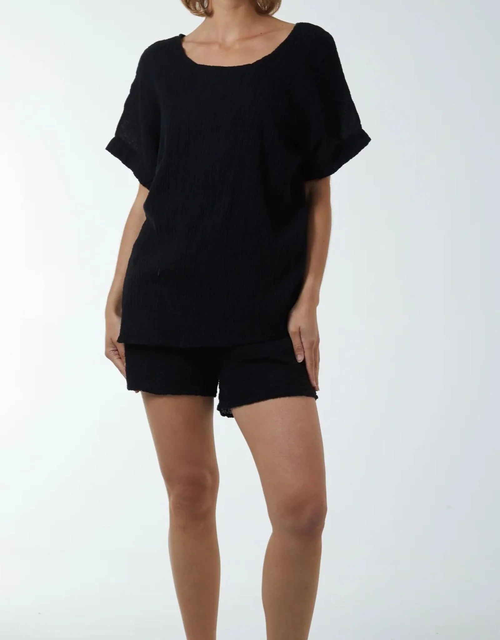 Celia Cotton Round Neck Co-ord Shorts Set Black