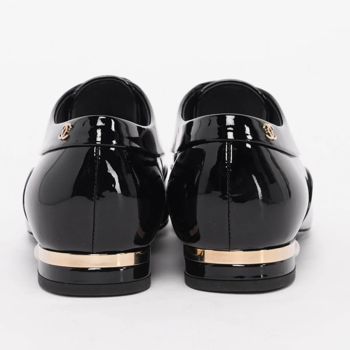 Chanel Black Patent Lace-Up CC Loafers 37.5