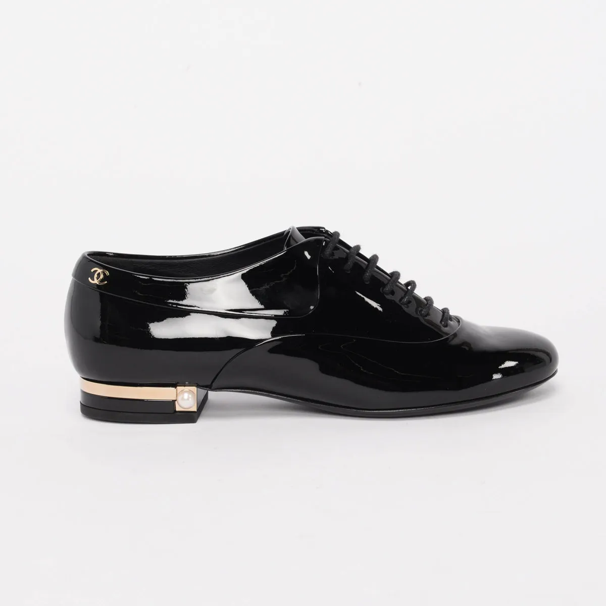 Chanel Black Patent Lace-Up CC Loafers 37.5