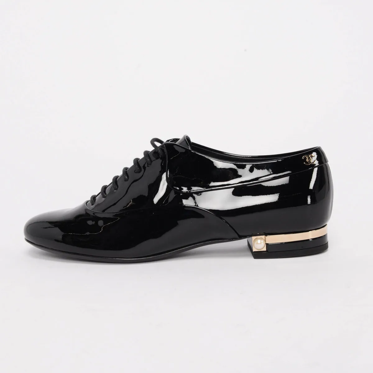 Chanel Black Patent Lace-Up CC Loafers 37.5