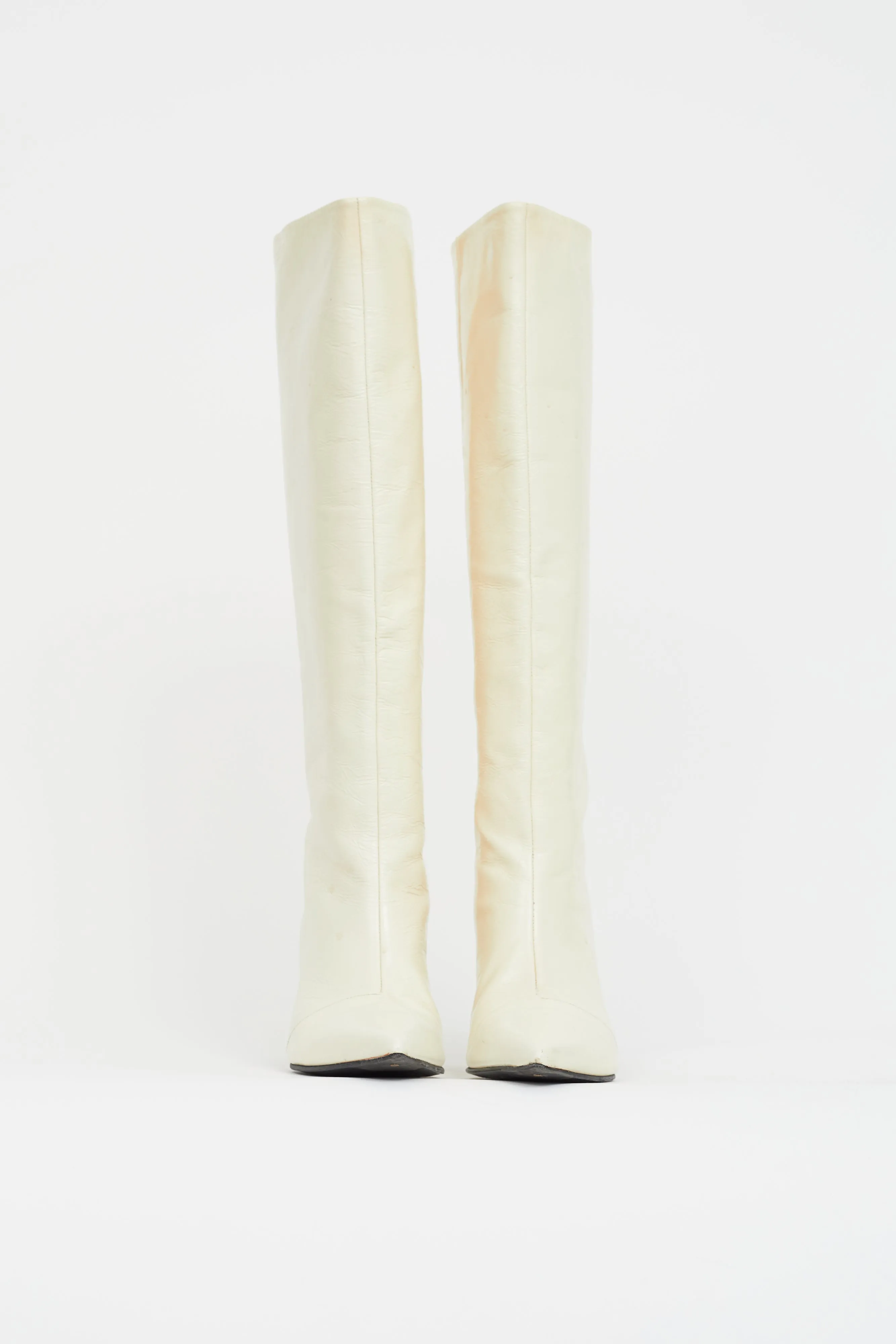 Cream Leather Pointed Knee High Boot