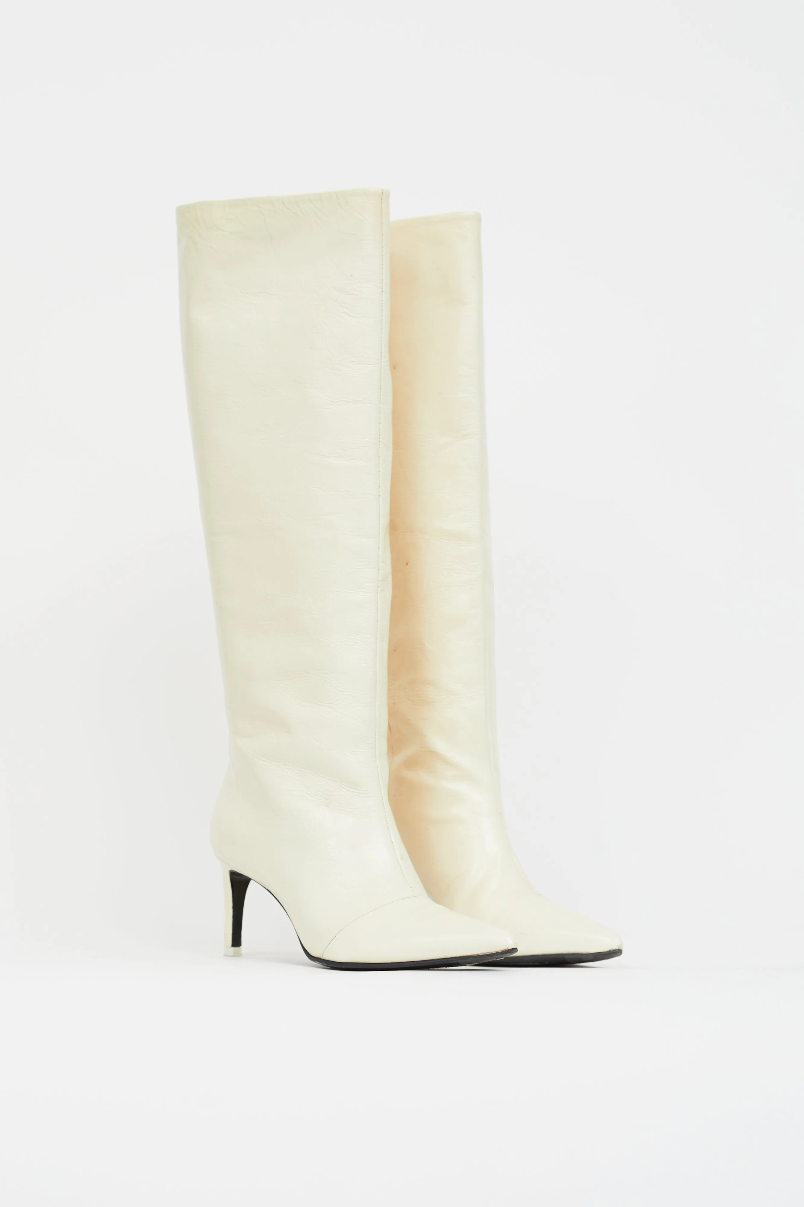 Cream Leather Pointed Knee High Boot