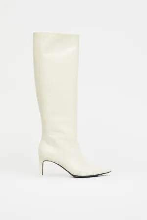 Cream Leather Pointed Knee High Boot