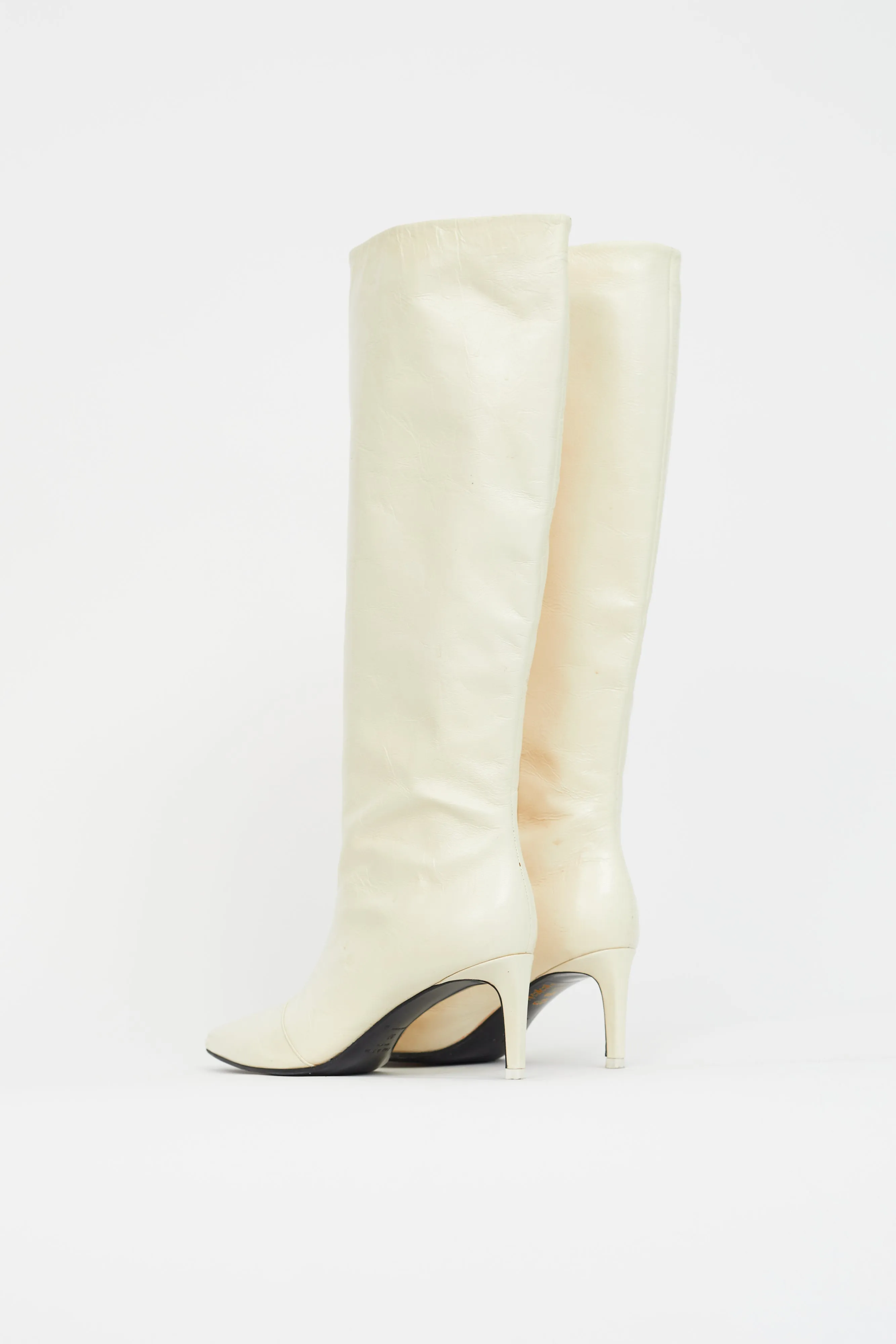 Cream Leather Pointed Knee High Boot