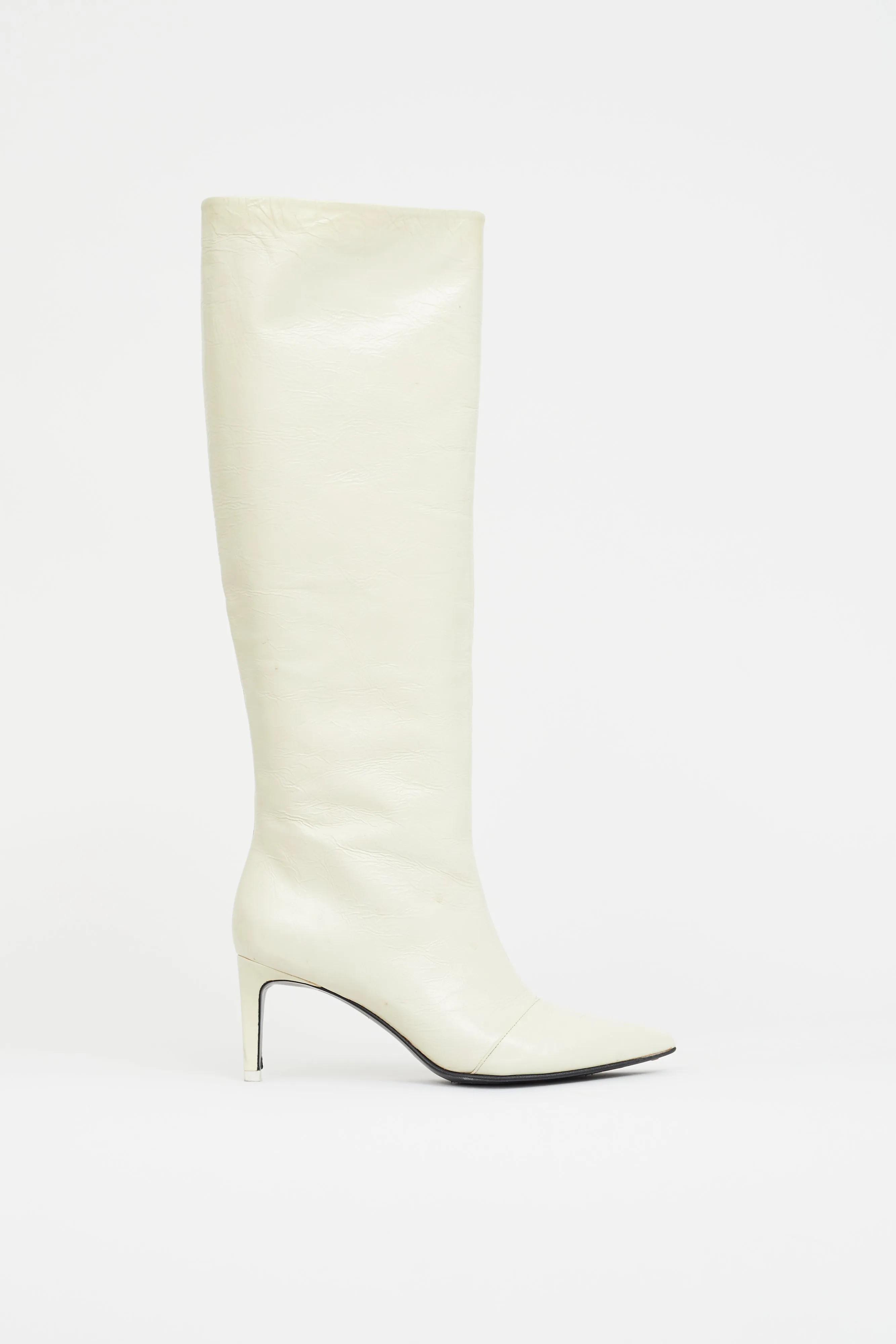 Cream Leather Pointed Knee High Boot