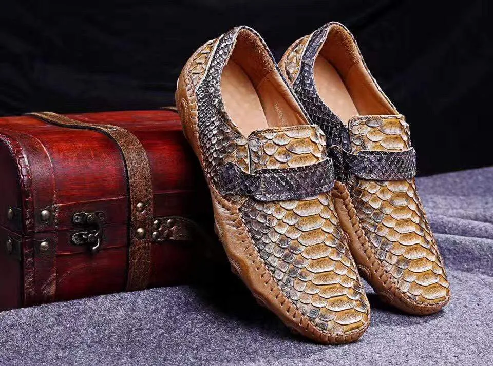 Crocodile Shoes Genuine Python Leather  Men's  Beige Slip-On Loafer Shoes