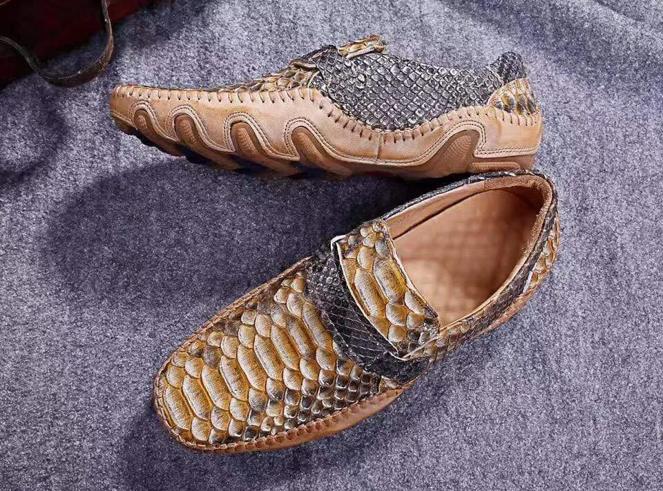 Crocodile Shoes Genuine Python Leather  Men's  Beige Slip-On Loafer Shoes