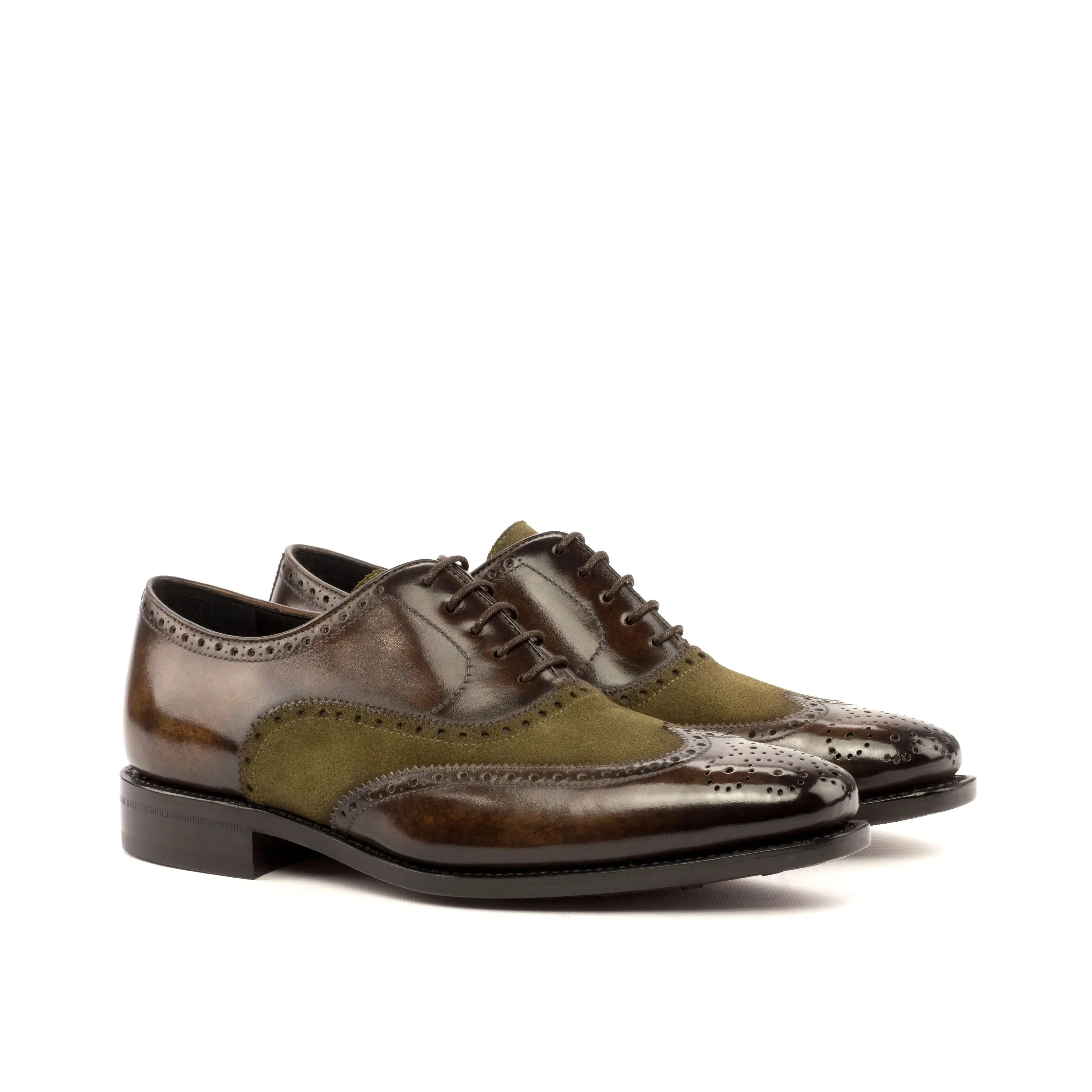 DapperFam Aeron in Khaki / Denim / Brown Men's Lux Suede & Hand-Painted Patina Full Brogue