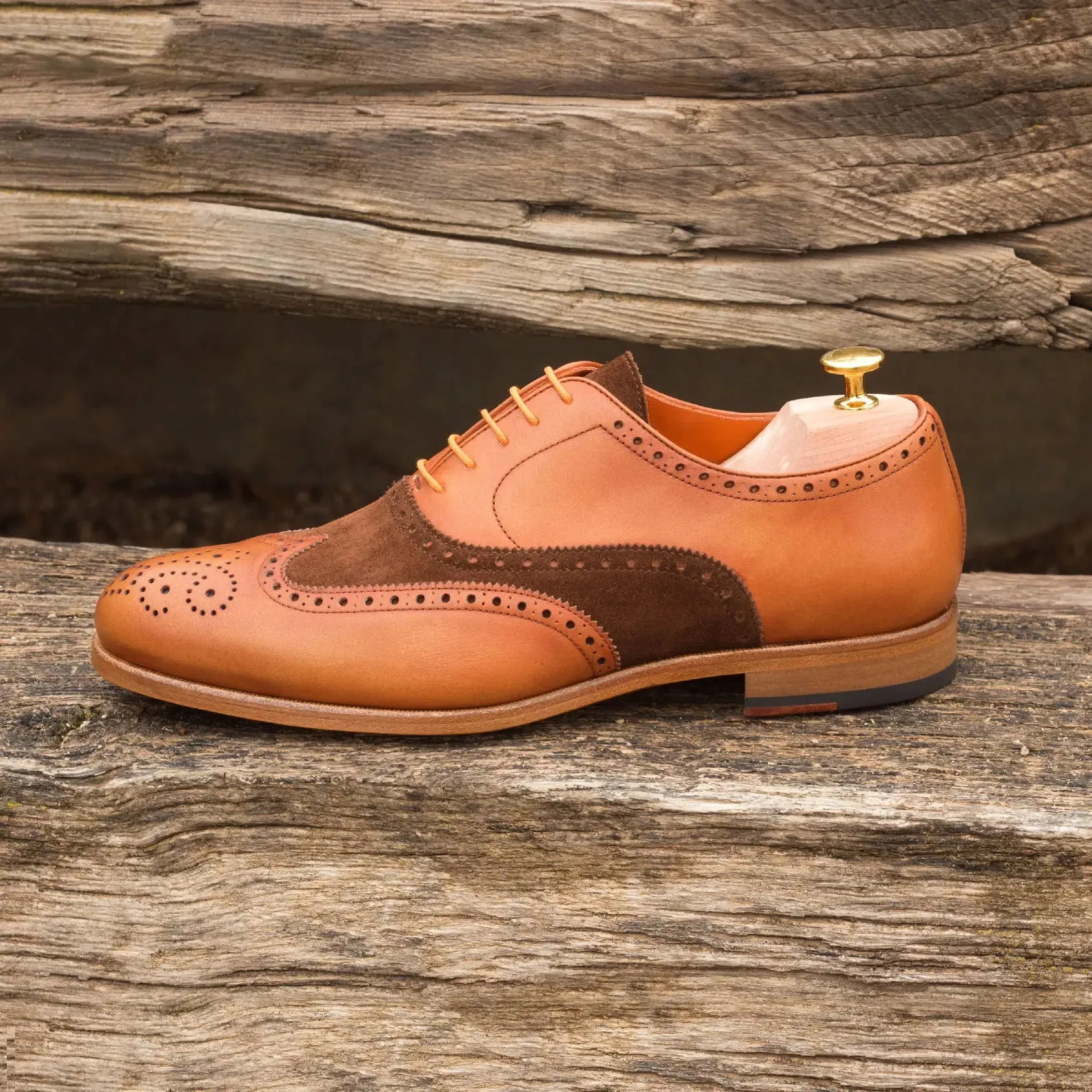 DapperFam Aeron in Med Brown / Cognac Men's Lux Suede & Italian Leather Full Brogue