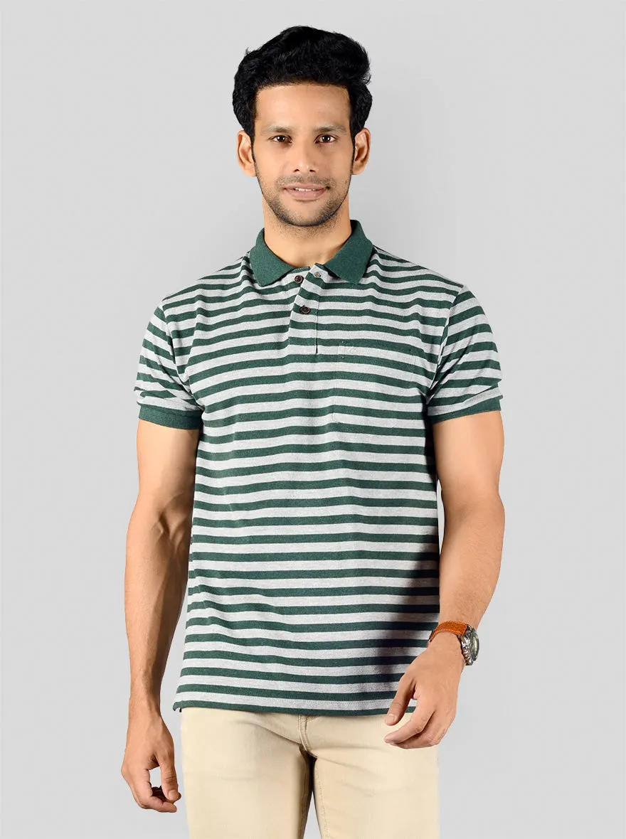 Dark Green & Grey Striped Slim Fit Polo T-shirt | Greenfibre