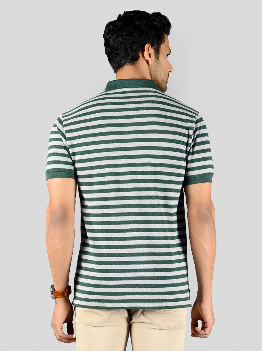 Dark Green & Grey Striped Slim Fit Polo T-shirt | Greenfibre