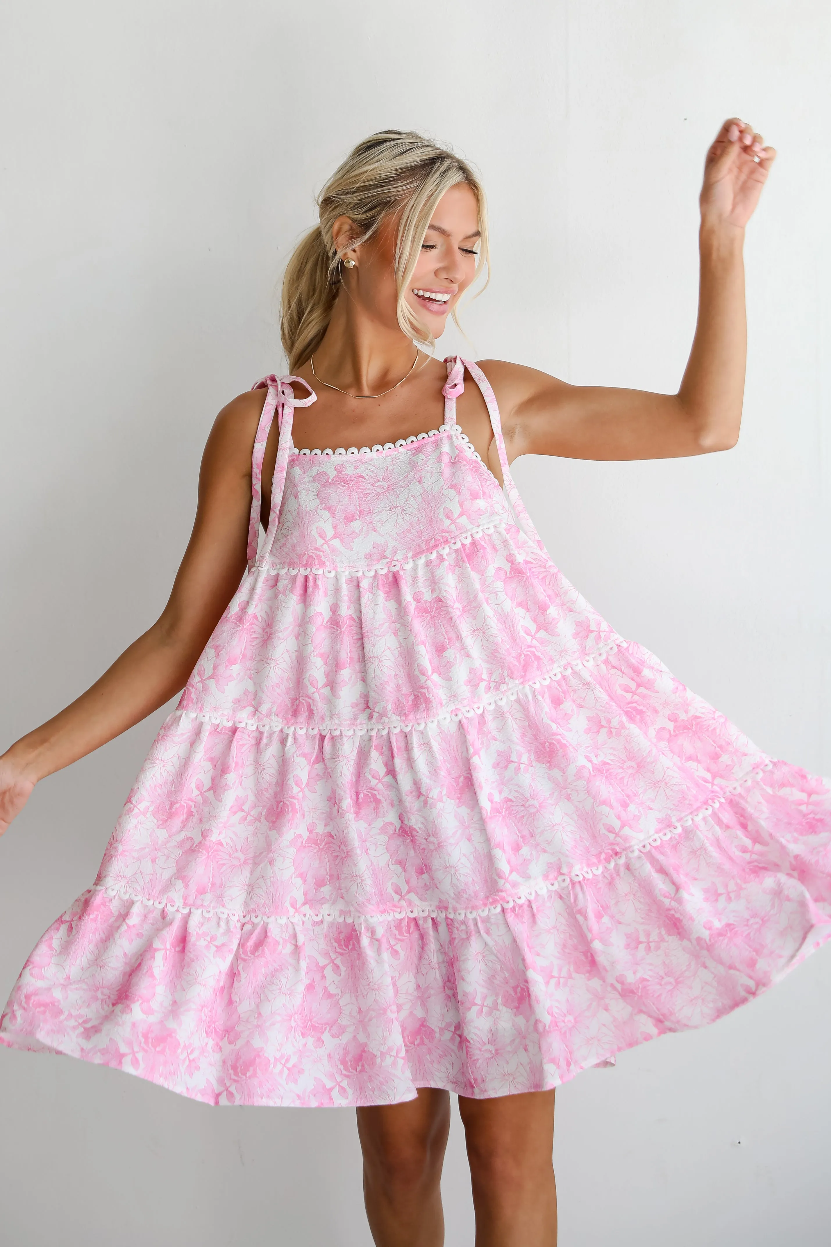 Delicate Addition Pink Floral Tiered Mini Dress