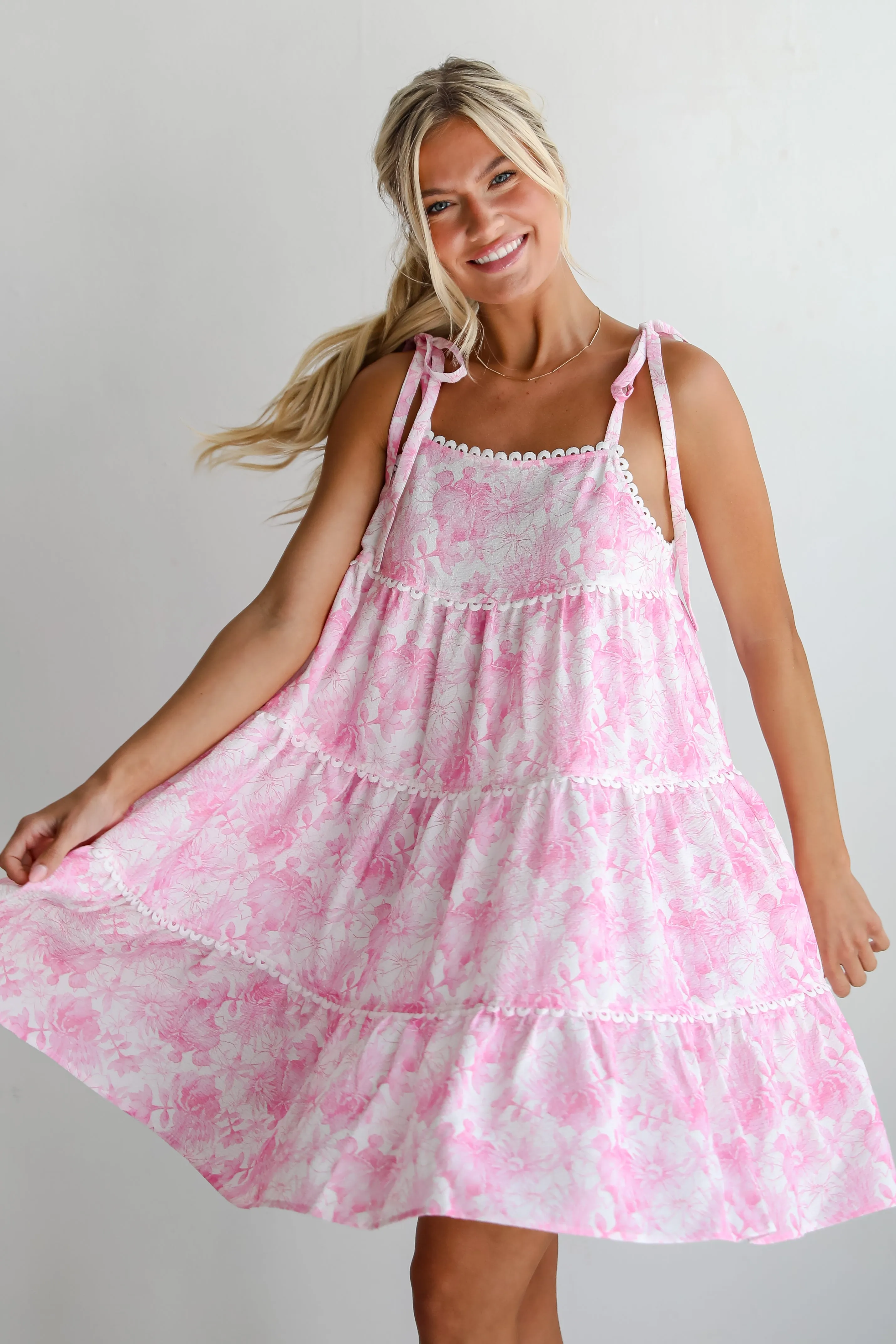 Delicate Addition Pink Floral Tiered Mini Dress