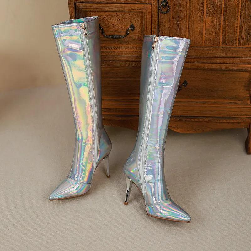 Etta Silver Holographic Knee High Boots with Heels