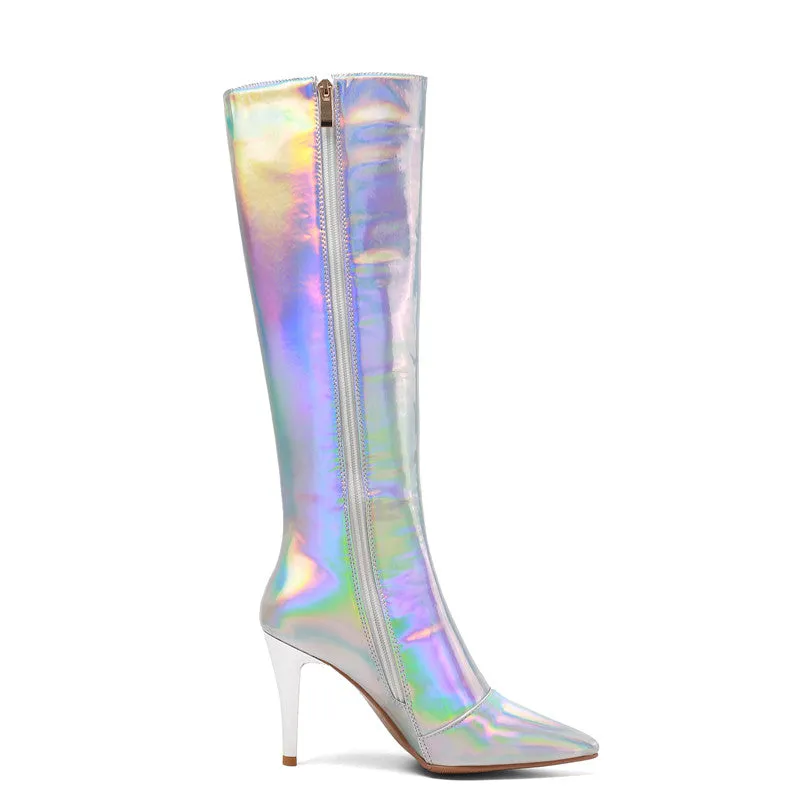 Etta Silver Holographic Knee High Boots with Heels