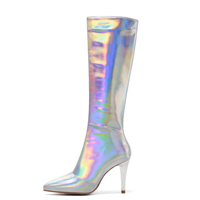 Etta Silver Holographic Knee High Boots with Heels