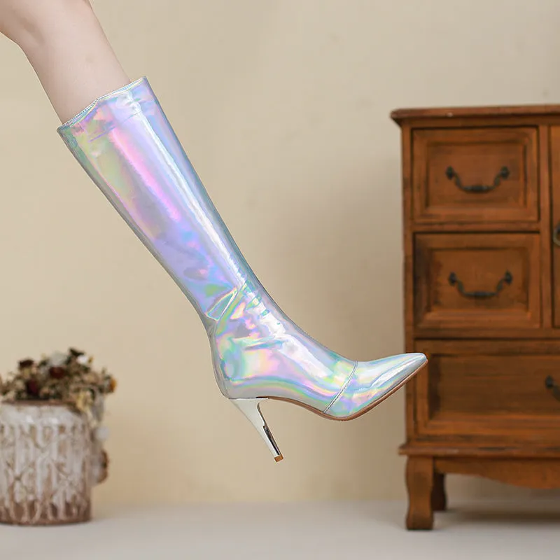 Etta Silver Holographic Knee High Boots with Heels