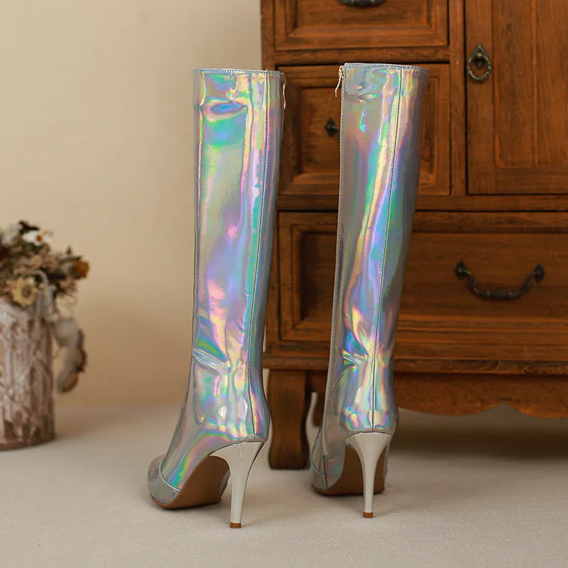 Etta Silver Holographic Knee High Boots with Heels