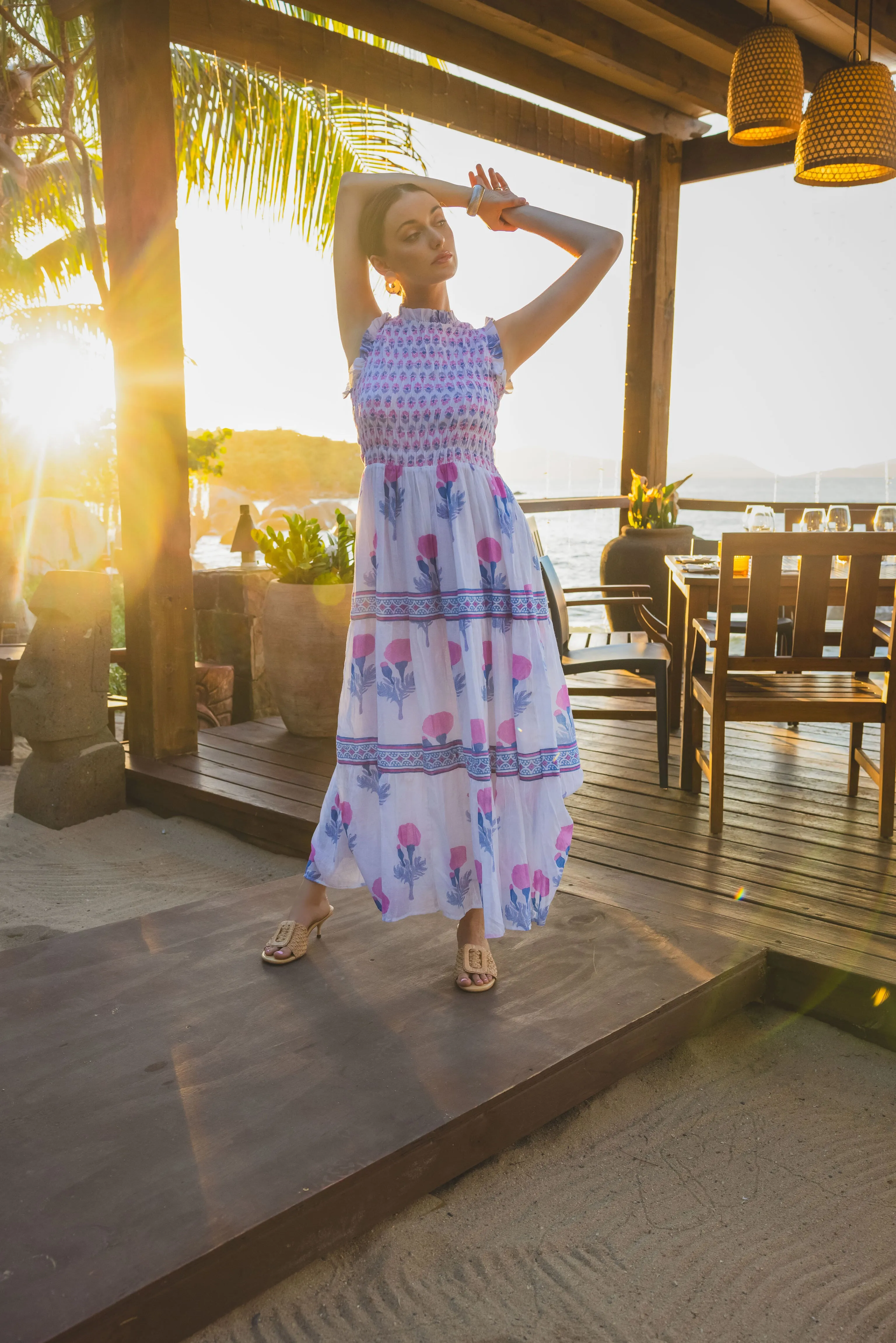 Exclusive Pink Bloom Sleeveless Smocked Maxi Dress