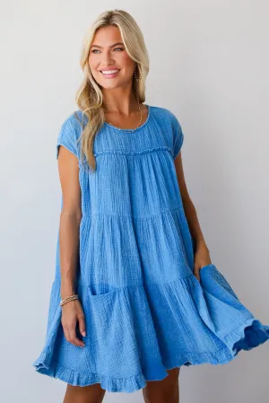 FINAL SALE - Serene Date Blue Linen Tiered Mini Dress