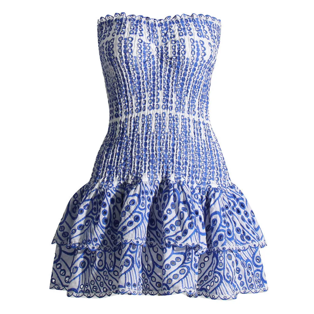 Flytonn- Sexy Scalloped Strapless Smocked Broderie Anglaise Tiered Ruffled Mini Dress