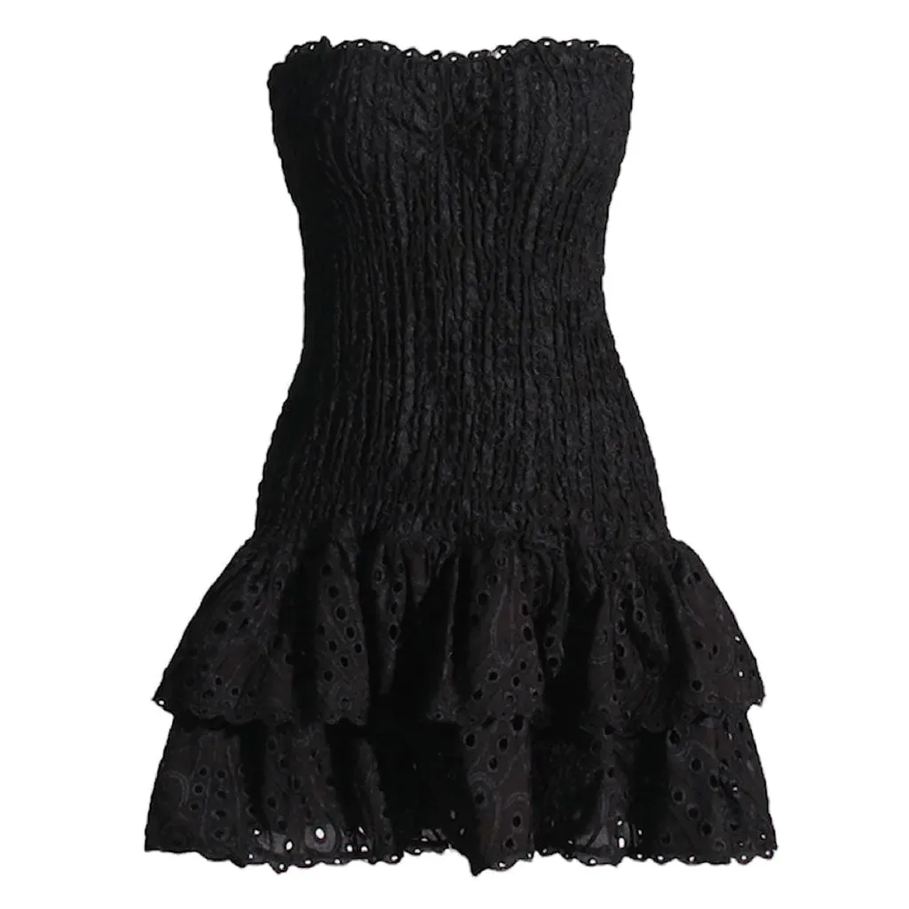 Flytonn- Sexy Scalloped Strapless Smocked Broderie Anglaise Tiered Ruffled Mini Dress