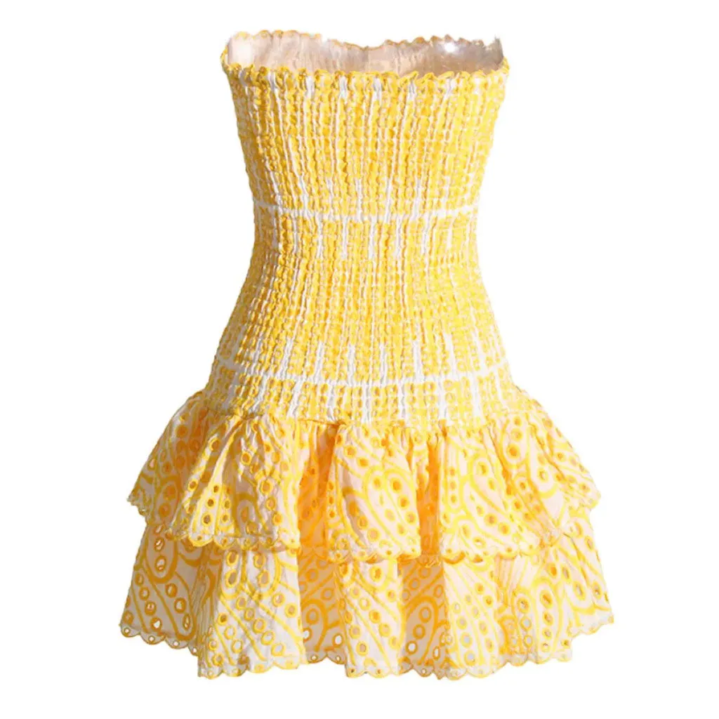 Flytonn- Sexy Scalloped Strapless Smocked Broderie Anglaise Tiered Ruffled Mini Dress