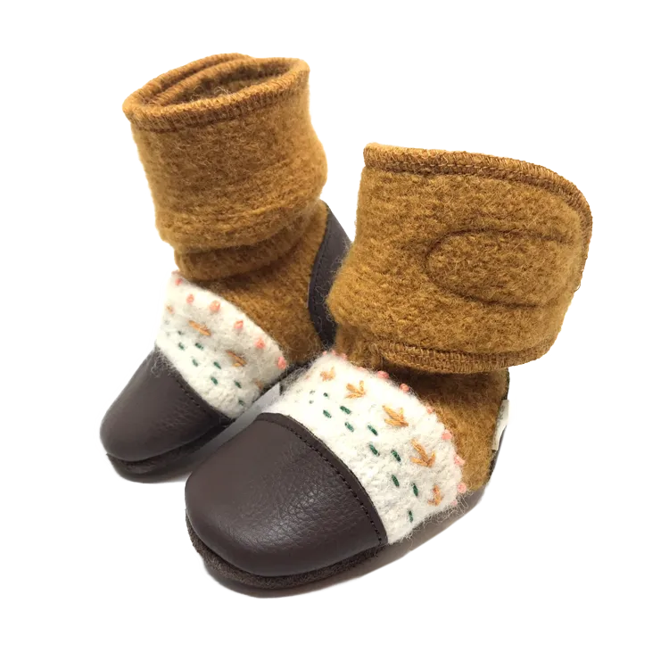 Golden Spruce Embroidered Felted Wool Booties